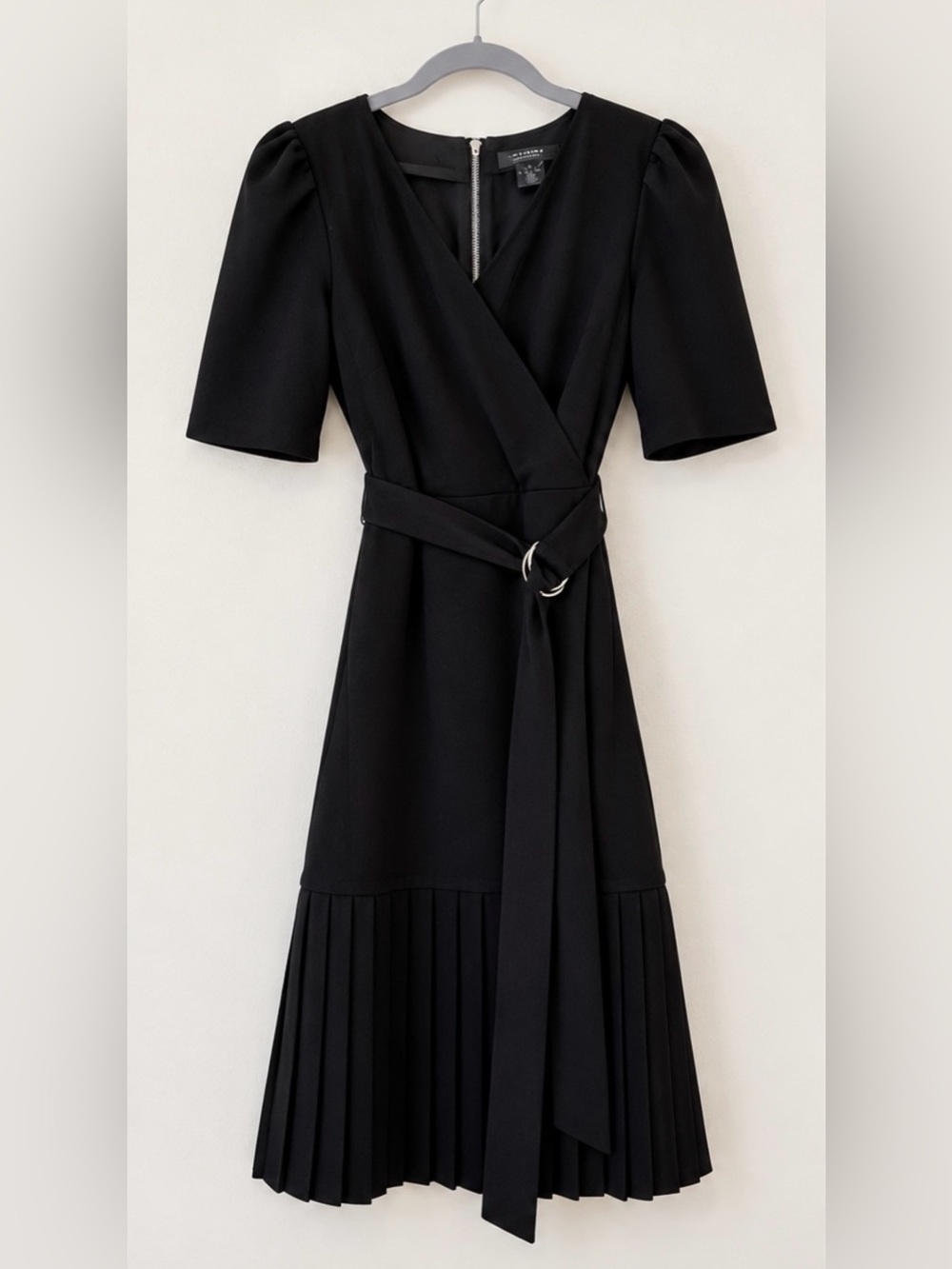 DKNY Black Faux-Wrap Pleated Midi Dress with O-Ring Belt - Size 10